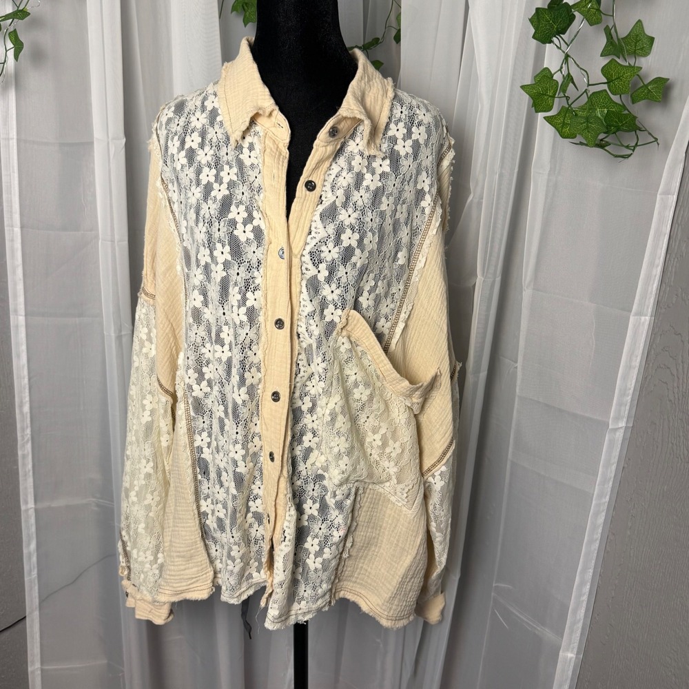 POL Womens Tan Lace Mixed Media Button Down Shirt Oversized Raw Hem M - Picture 2 of 10